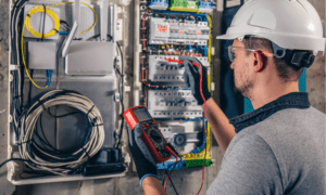 An electrician in a helmet and gloves uses a multimeter to test an electrical panel with various cables and equipment.
