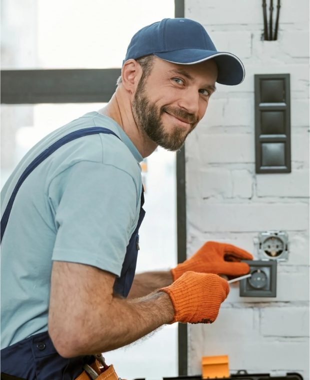 A person wearing a cap and orange gloves is working on an electrical outlet on a white brick wall.