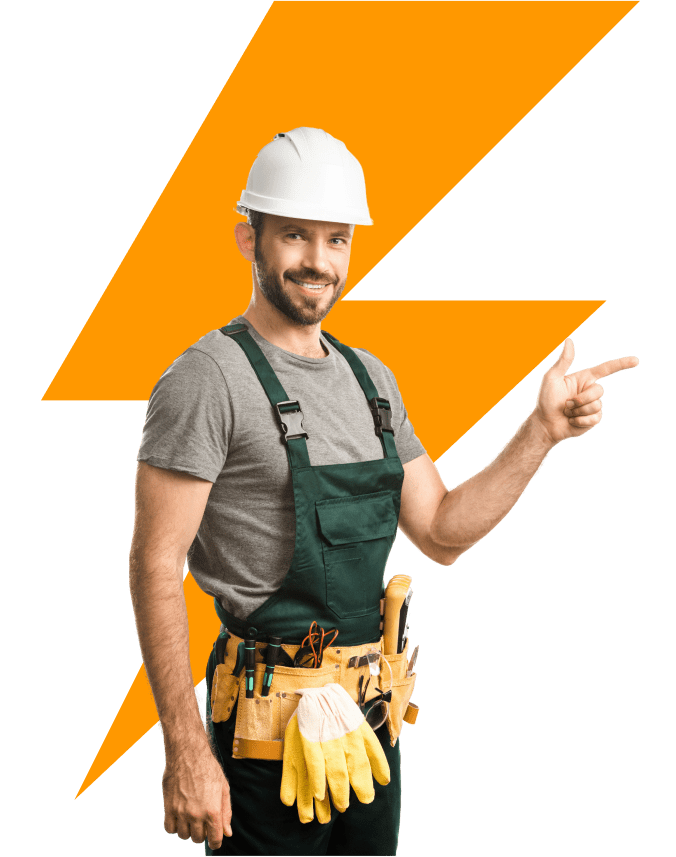 Man in work overalls and hard hat, pointing right, with a tool belt and gloves. Orange lightning bolt graphic in the background.