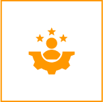 Icon of a person surrounded by a gear, with three stars above, framed by a square border.